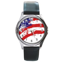 Red White Blue Star Flag Round Metal Watch by Mariart