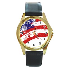 Red White Blue Star Flag Round Gold Metal Watch