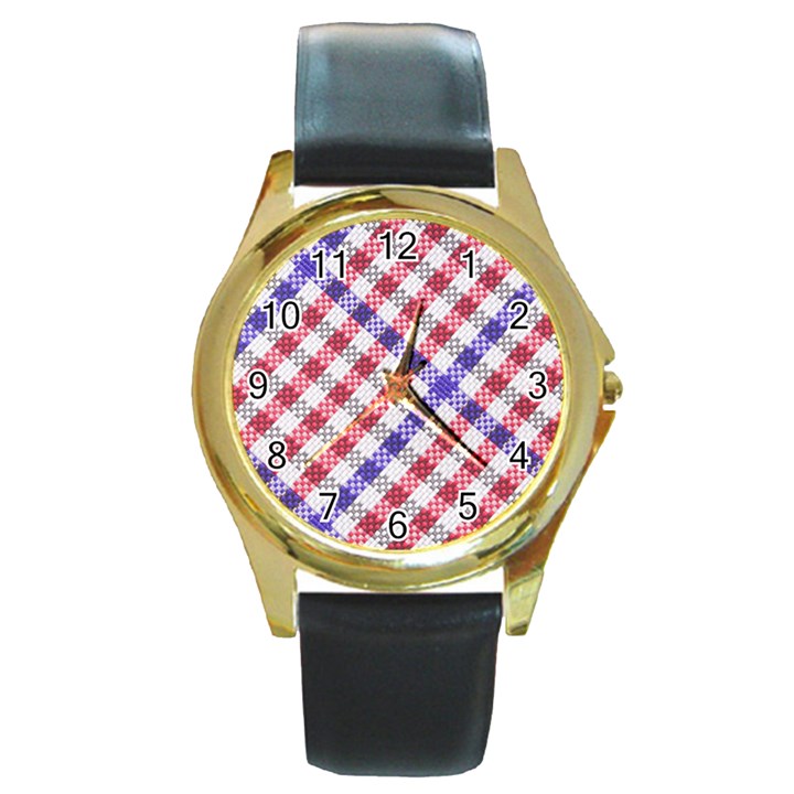 Webbing Wicker Art Red Bluw White Round Gold Metal Watch