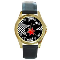 Stars Seamless Pattern Background Round Gold Metal Watch by Nexatart