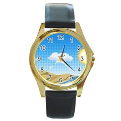 Grid Sky Course Texture Sun Round Gold Metal Watch by Nexatart