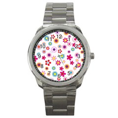 Floral Flowers Background Pattern Sport Metal Watch by Nexatart