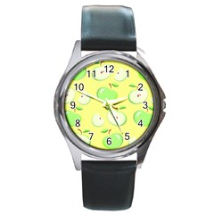 Apples Apple Pattern Vector Green Round Metal Watch by Nexatart