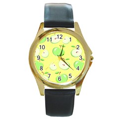 Apples Apple Pattern Vector Green Round Gold Metal Watch by Nexatart