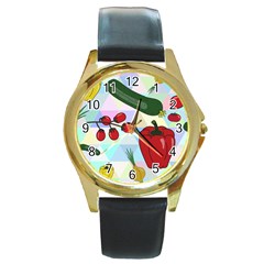 Vegetables Cucumber Tomato Round Gold Metal Watch by Nexatart