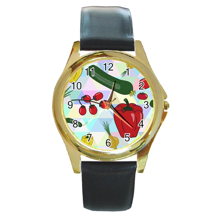 Vegetables Cucumber Tomato Round Gold Metal Watch