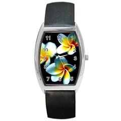 Flowers Black White Bunch Floral Barrel Style Metal Watch by Nexatart