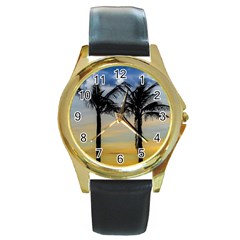 Palm Trees Against Sunset Sky Round Gold Metal Watch by dflcprints