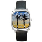 Palm Trees Against Sunset Sky Square Metal Watch Front