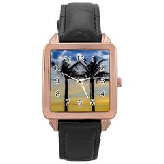 Palm Trees Against Sunset Sky Rose Gold Leather Watch  by dflcprints