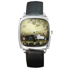 Wonderful Whte Unicorn With Black Horse Square Metal Watch by FantasyWorld7