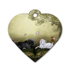 Wonderful Whte Unicorn With Black Horse Dog Tag Heart (two Sides) by FantasyWorld7