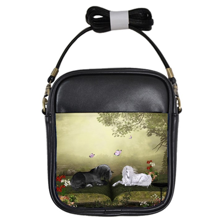 Wonderful Whte Unicorn With Black Horse Girls Sling Bags