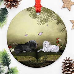 Wonderful Whte Unicorn With Black Horse Ornament (round) by FantasyWorld7