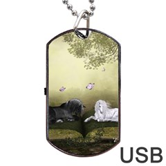 Wonderful Whte Unicorn With Black Horse Dog Tag Usb Flash (one Side) by FantasyWorld7