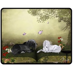 Wonderful Whte Unicorn With Black Horse Double Sided Fleece Blanket (medium)  by FantasyWorld7