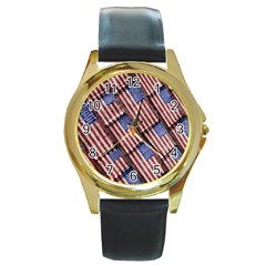 Usa Flag Grunge Pattern Round Gold Metal Watch by dflcprints