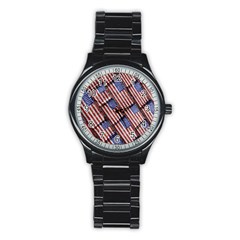 Usa Flag Grunge Pattern Stainless Steel Round Watch by dflcprints