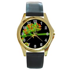 Chameleons Round Gold Metal Watch by Valentinaart