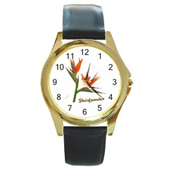 Bird Of Paradise Round Gold Metal Watch by Valentinaart