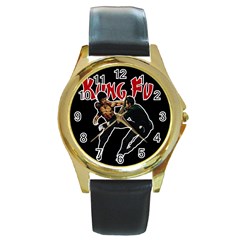 Kung Fu  Round Gold Metal Watch by Valentinaart