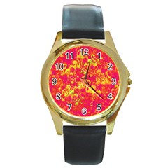 Flamingo Pattern Round Gold Metal Watch by ValentinaDesign