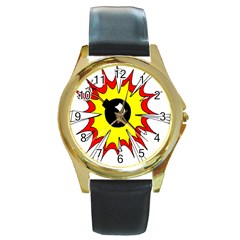 Book Explosion Boom Dinamite Round Gold Metal Watch