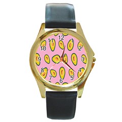 Fruit Avocado Green Pink Yellow Round Gold Metal Watch by Mariart