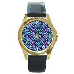 Circle Purple Green Wave Chevron Waves Round Gold Metal Watch