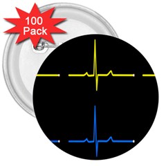 Heart Monitor Screens Pulse Trace Motion Black Blue Yellow Waves 3  Buttons (100 Pack) 