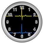 Heart Monitor Screens Pulse Trace Motion Black Blue Yellow Waves Wall Clocks (Silver)  Front