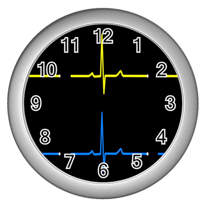 Heart Monitor Screens Pulse Trace Motion Black Blue Yellow Waves Wall Clocks (Silver) 