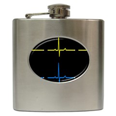 Heart Monitor Screens Pulse Trace Motion Black Blue Yellow Waves Hip Flask (6 Oz) by Mariart