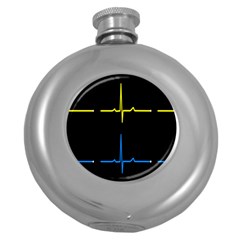 Heart Monitor Screens Pulse Trace Motion Black Blue Yellow Waves Round Hip Flask (5 Oz) by Mariart