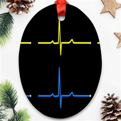 Heart Monitor Screens Pulse Trace Motion Black Blue Yellow Waves Oval Ornament (two Sides) by Mariart