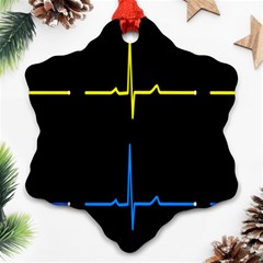 Heart Monitor Screens Pulse Trace Motion Black Blue Yellow Waves Snowflake Ornament (two Sides) by Mariart