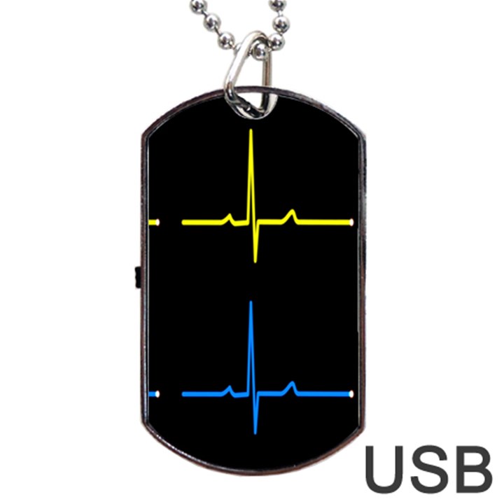 Heart Monitor Screens Pulse Trace Motion Black Blue Yellow Waves Dog Tag USB Flash (Two Sides)