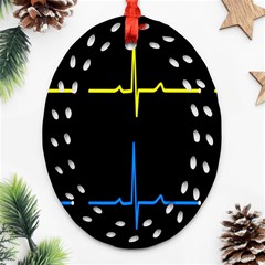 Heart Monitor Screens Pulse Trace Motion Black Blue Yellow Waves Ornament (oval Filigree)