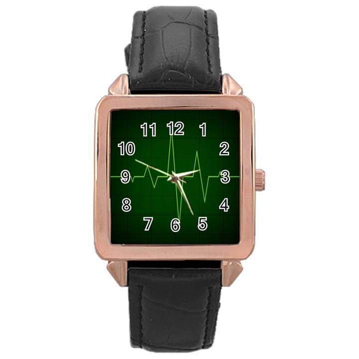 Heart Rate Green Line Light Healty Rose Gold Leather Watch 