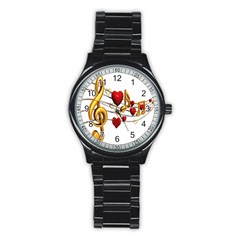 Music Notes Heart Beat Stainless Steel Round Watch by Mariart