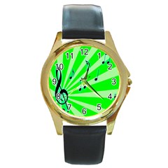 Music Notes Light Line Green Round Gold Metal Watch