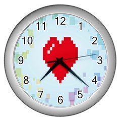 Red Heart Love Plaid Red Blue Wall Clocks (silver)  by Mariart