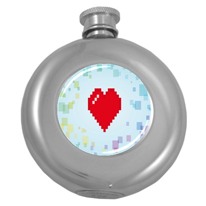 Red Heart Love Plaid Red Blue Round Hip Flask (5 oz)