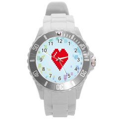 Red Heart Love Plaid Red Blue Round Plastic Sport Watch (l) by Mariart