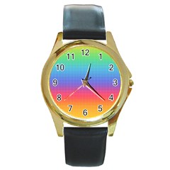 Plaid Rainbow Retina Green Purple Red Yellow Round Gold Metal Watch by Mariart