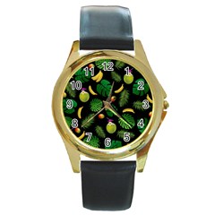 Tropical Pattern Round Gold Metal Watch by Valentinaart