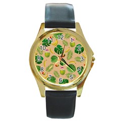 Tropical Pattern Round Gold Metal Watch by Valentinaart