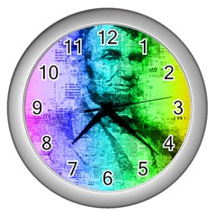 Abraham Lincoln Portrait Rainbow Colors Typography Wall Clocks (silver)  by yoursparklingshop