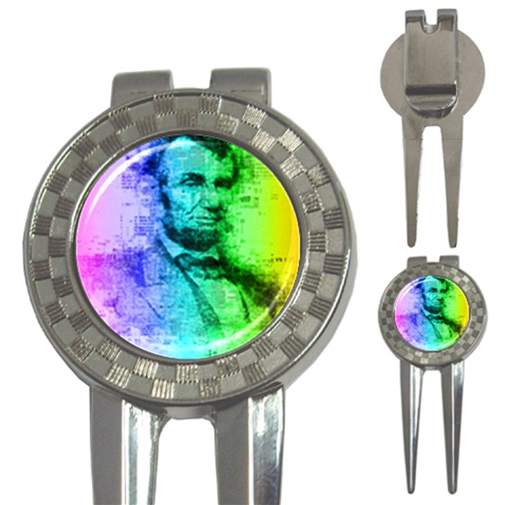 Abraham Lincoln Portrait Rainbow Colors Typography 3-in-1 Golf Divots