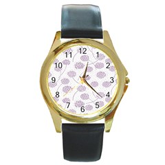 Purple Tulip Flower Floral Polkadot Polka Spot Round Gold Metal Watch by Mariart